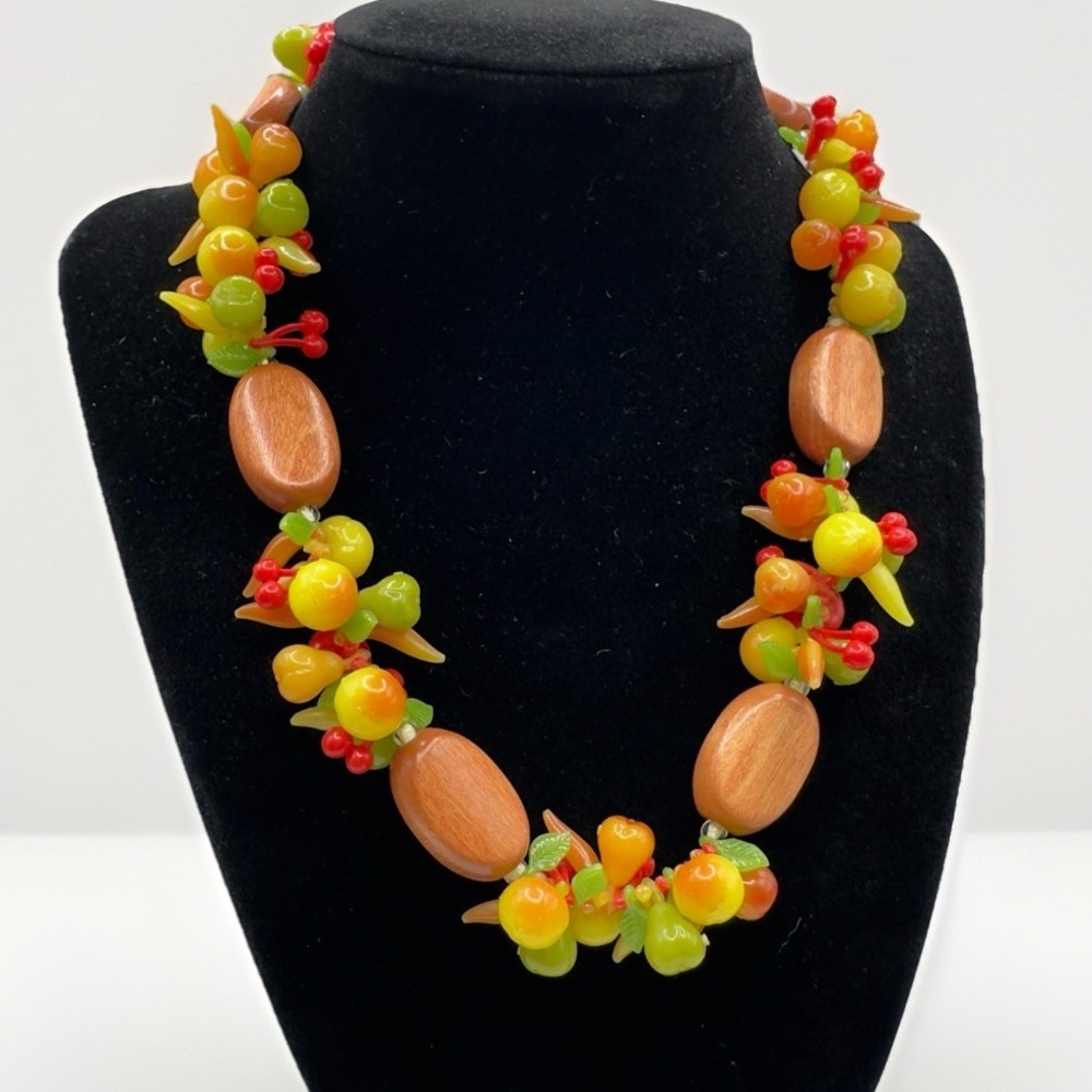 Vintage Fruit Salad Necklace West Germany Plastic Cherries 17" Statement Choker